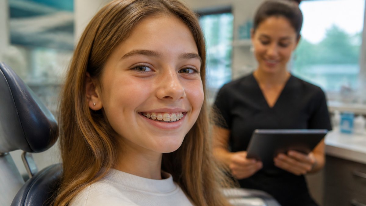 Teenager with ceramic braces in a clinic during an orthodontic treatment planning process